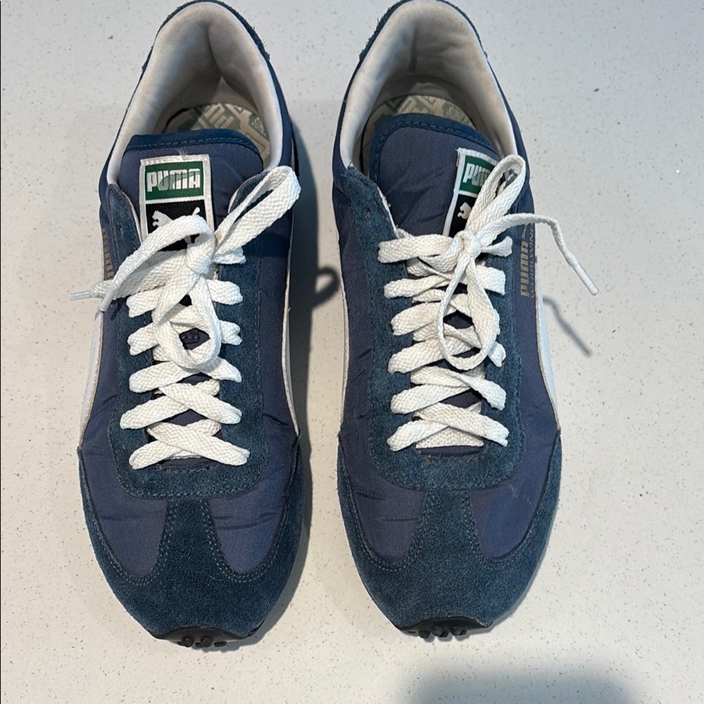 Puma Blue and White Retro Sneakers. 9.5
